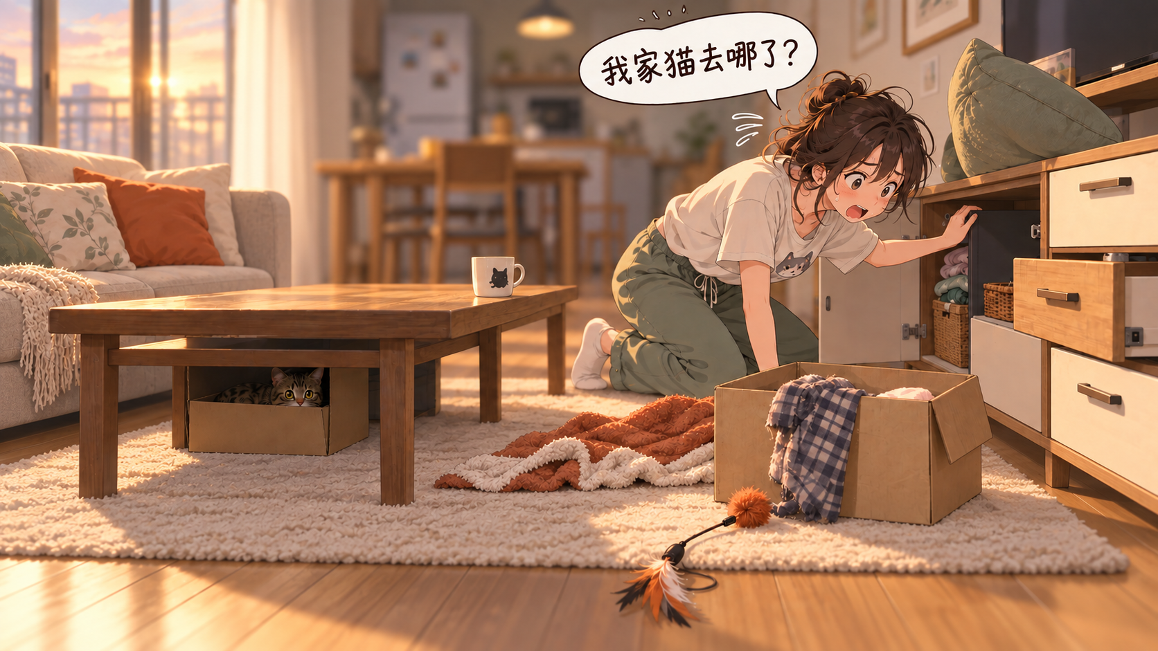 二次元插图:主人慌乱地打开柜子和抽屉找猫,小猫藏在茶几下的纸盒里看着她,气泡文字是我家猫去哪了